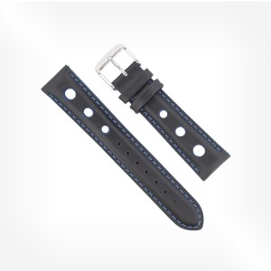 Antenen - Bracelet Rallye en cuir noir avec trous et coutures/bords bleues
