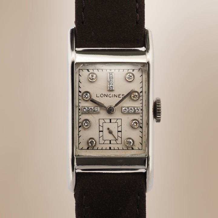 Longines - Tank Vintage avec boîtier en Or Blanc 14cts et Index en Diamants Vintage Circa 1945