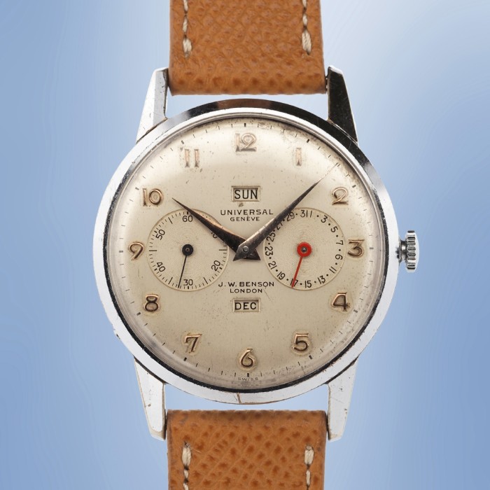 Universal Genève - Double Signée J.W. Benson London Triple Calendrier Vintage Chromé 38mm Circa 1950 Réf. 31305