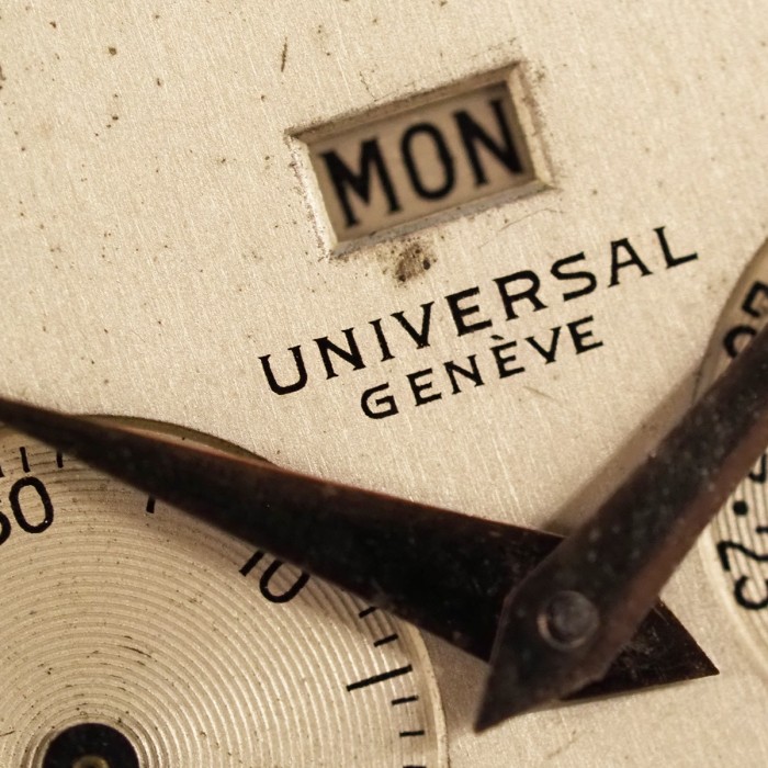 Universal Genève - Double Signée J.W. Benson London Triple Calendrier Vintage Chromé 38mm Circa 1950 Réf. 31305