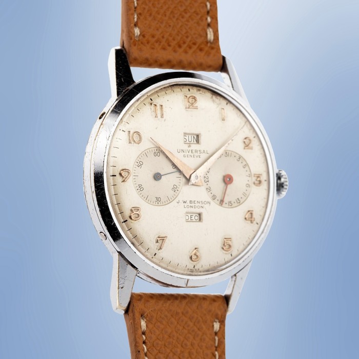 Universal Genève - Double Signée J.W. Benson London Triple Calendrier Vintage Chromé 38mm Circa 1950 Réf. 31305