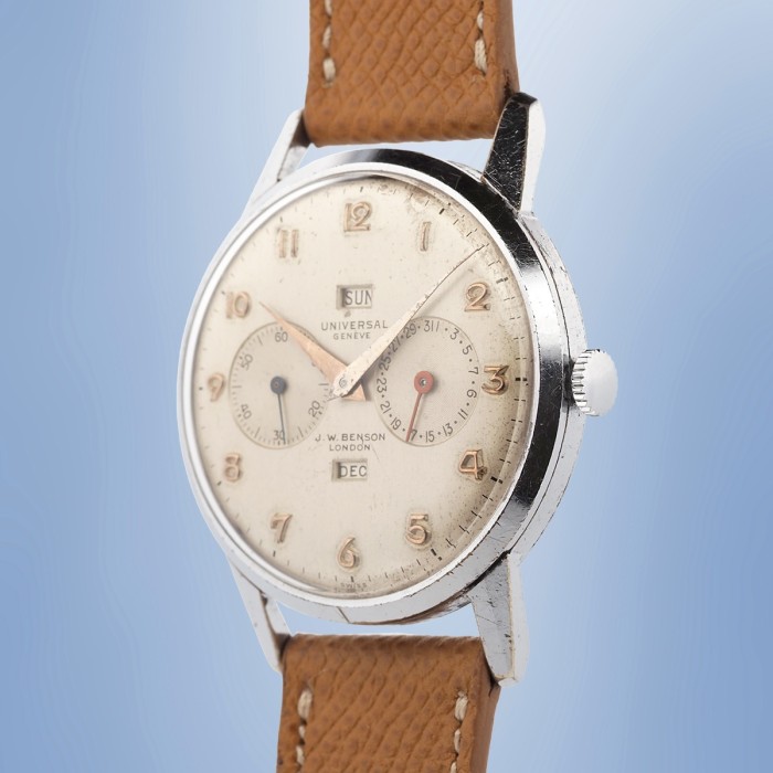 Universal Genève - Double Signée J.W. Benson London Triple Calendrier Vintage Chromé 38mm Circa 1950 Réf. 31305