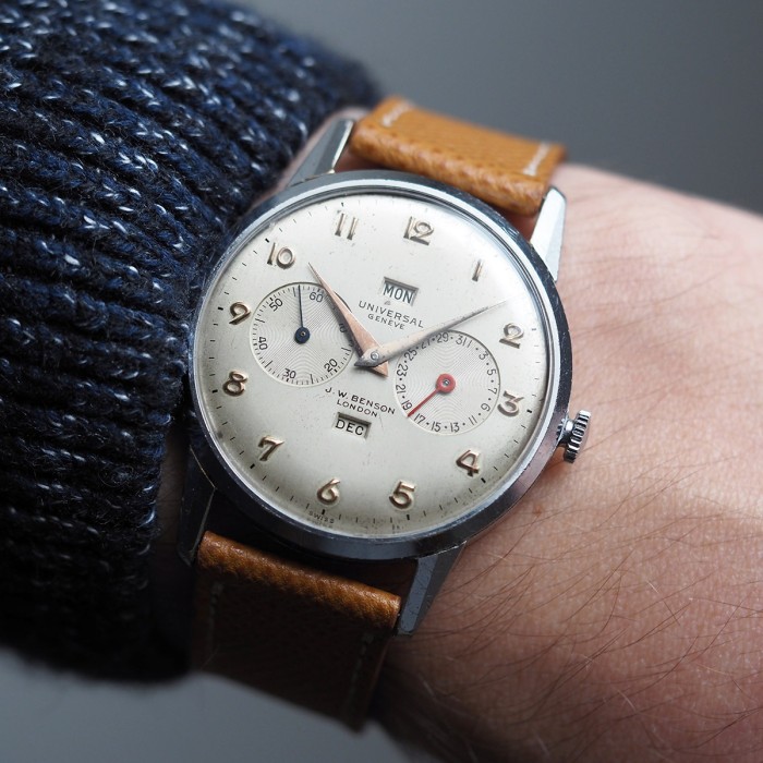 Universal Genève - Double Signée J.W. Benson London Triple Calendrier Vintage Chromé 38mm Circa 1950 Réf. 31305